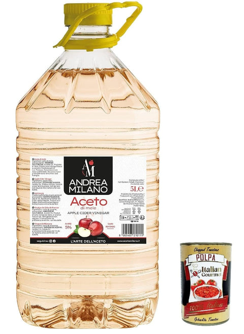 Italian Gourmet Essig Andrea Milano, Apfelessig, empfindlicher und aromatischer Geschmack, ideal zum Kombinieren mit gekochtem und rohem Gemüse, 5% Säure, hergestellt in Italien, 5 l Haustier + Italian Gourmet polpa 400g 8032804040014