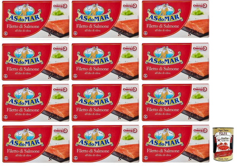 Italian Gourmet Fertiggerichte 12x AS do MAR Filetto di Salmone all'Olio di Oliva,Lachsfilet in Olivenöl,Reich an Omega 3,Dose 150g + Italian Gourmet Polpa di Pomodoro 400g Dose 8003294537001