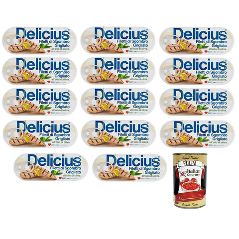 Delicius Filetti di Sgombro Grigliati all'Olio di Oliva, Gegrillte Makrelenfilets in Olivenöl 14x110g Original italienisch Feinkost