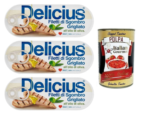 3x Delicius Filetti di Sgombro Grigliati all'Olio di Oliva, Gegrillte Makrelenfilets in Olivenöl, reich an Omega 3, Hochwertiger Blauer Fisch, 110 g Dose