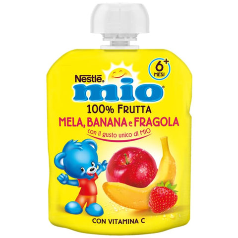 Nestlé Mio 100 % Frucht Banane Apfel und Erdbeere zum Auspressen Beutel 90 ml 4x italienisch Original Pastasauce + gratis polpa 400 g