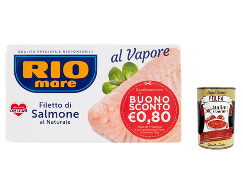 Rio mare Natürliches Lachsfilet gedämpft reich an Omega 3 125 g 6x italienisch Original Pastasauce + gratis polpa 400 g