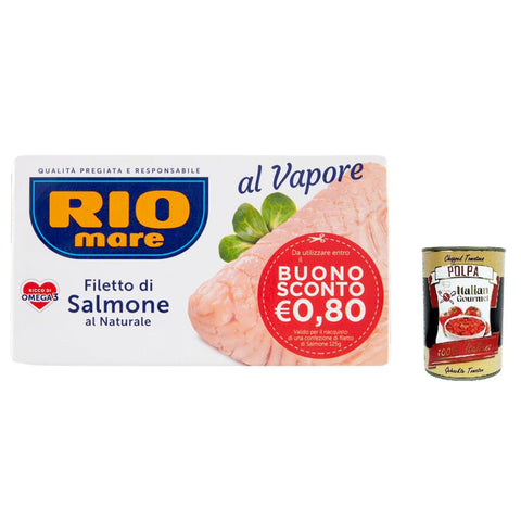 Rio mare Natürliches Lachsfilet gedämpft reich an Omega 3 125 g 6x italienisch Original Pastasauce + kostenlos polpa 400 g