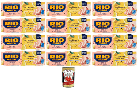 Italian Gourmet Fisch & Meeresfrüchte Rio Mare Tonno all’Olio di Oliva con Limone e Pepe Nero Thunfisch in Olivenöl mit Zitrone und schwarzem Pfeffer 12x195gr Packung mit 3 65g-Dosen+ Italian Gourmet polpa 400g 8032804040014