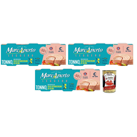 Mare Aperto Tonno Leggero,Thunfisch, nur mit einem Schuss nativem Olivenöl extra und einer Prise Salz ( 3 x 60 g Dose) italienisch Original