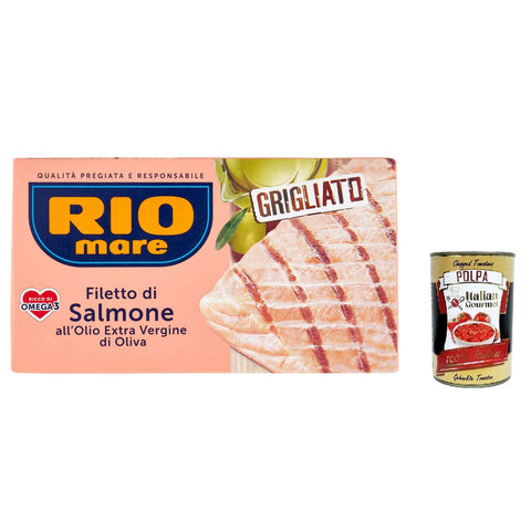Rio Mare Gegrilltes Lachsfilet mit nativem Olivenöl extra reich an Omega 3 125 g 3x italienisch Original Pastasauce + kostenlos polpa 400 g
