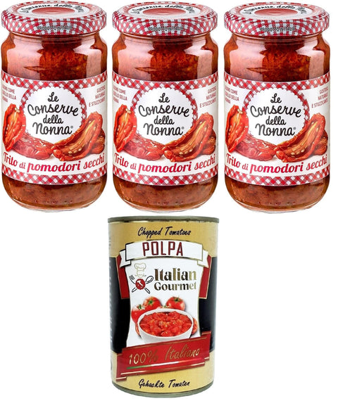Italian Gourmet Fleischtomaten Le Conserve Della Nonna, Trito di pomodori secchigehackte getrocknete Tomaten, ideal als Beilage – hergestellt in Italien – GLUTENFREI – ohne Aromen 3x190gr+ Italian Gourmet polpa 400g 8032804040014