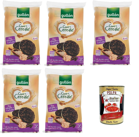 Italian Gourmet Flips Gullon Cuor di Cereale Gallette di Riso Integrale Ricoperte di Cioccolato Fondente Cuor di Cereal braune Reiskuchen, überzogen mit dunkler Schokolade, 5x105,2 g + Italian Gourmet polpa 400g 8032804040014