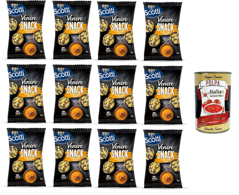 Italian Gourmet Flips Scotti Venere Reis-Kurkuma-Pfeffer-Snack, brauner Reis, knuspriger und leckerer, nicht frittierter Snack für Pausen und Aperitifs, glutenfrei, 100% pflanzlich, 12x50 g+ Italian Gourmet polpa 400g 8032804040014