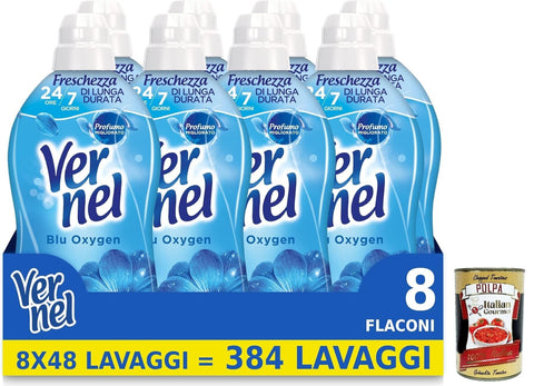 Italian Gourmet Flüssiger Weichspüler Vernel Blu Oxygen Weichspüler, konzentriert, duftend, intensive Frische und Weichheit, 8 x 48 Waschgänge, insgesamt 368 Waschgänge + Italian Gourmet polpa 400g 8032804040014