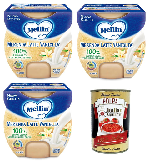 Italian Gourmet Frucht, Getreide & Joghurt Zubereitungen Mellin Merenda Latte e Veniglia al Cucchiaio Snack Milch und Vanille löffelweise 3x200gr (2x100gr) + Italian Gourmet polpa 400g 8032804040014