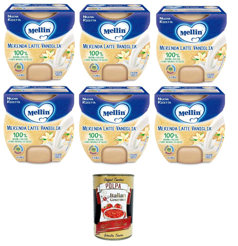 Italian Gourmet Frucht, Getreide & Joghurt Zubereitungen Mellin Merenda Latte e Veniglia al Cucchiaio Snack Milch und Vanille löffelweise 6x200gr (2x100gr) + Italian Gourmet polpa 400g 8032804040014