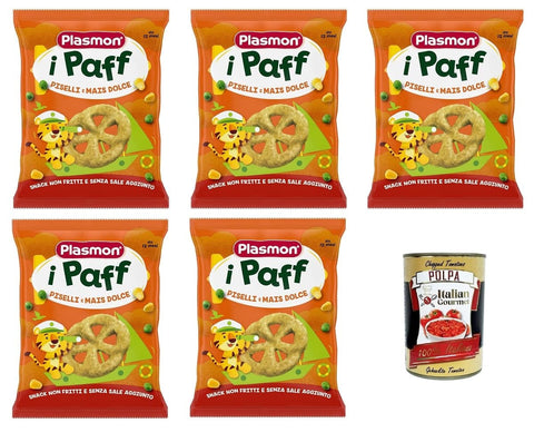 Italian Gourmet Frucht, Getreide & Joghurt Zubereitungen Plasmon Snack i Paff Erbsen und Zuckermais, 15 g, 5 Packungen. Snacks, nicht frittiert und ohne Salzzusatz, perfekt für die kleinen Hände Ihres Kindes + Italian Gourmet polpa 400g 8032804040014
