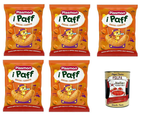 Italian Gourmet Frucht, Getreide & Joghurt Zubereitungen Plasmon Snack i Paff Kürbis und Karotten 15gr 5 Packungen Snacks, nicht frittiert und ohne Salzzusatz, perfekt für die kleinen Hände Ihres Kindes + Italian Gourmet polpa 400g 8032804040014