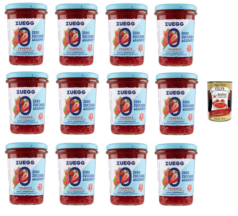 Italian Gourmet Fruchtaufstrich Zuegg Zero Fragole, Erdbeeren Marmelade Jam Ohne Zuckerzusatz,Frei von Konservierungsstoffen 12x 220g Glas + Italian Gourmet Polpa di Pomodoro 400g Dose 8032804040014