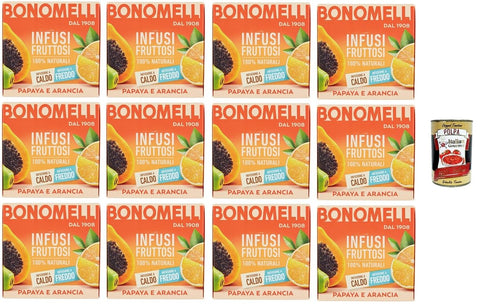 Italian Gourmet Früchte- & Kräutertee 12x Bonomelli 100% natürliche Fruchtaufgüsse Papaya und Orange, Packung mit 12 Filtern+ Italian Gourmet Polpa 400g 8001840381436