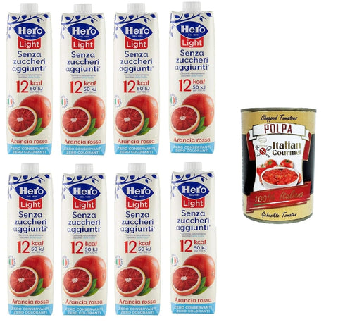 Italian Gourmet Fruchtsäfte Hero Light Arancia Rossa Blutorange Fruchtsaft Ohne Zuckerzusatz Erfrischendes Erfrischungsgetränk mit Sehr Wenig Kalorien 8x1LT Tetrapack-Format+ Italian Gourmet polpa 400g 8032804040014