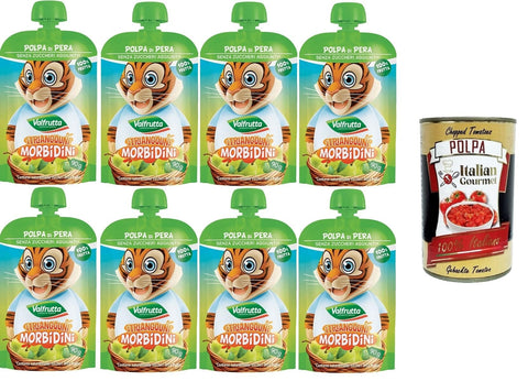 Italian Gourmet Gemischtes Obst Valfrutta Triangolini Morbidini Polpa di Pera Senza Zuccheri Aggiunti Weiche Valfrutta-Dreiecke aus Birnenmark ohne Zuckerzusatz 8x90gr + Italian Gourmet polpa 400g 8032804040014