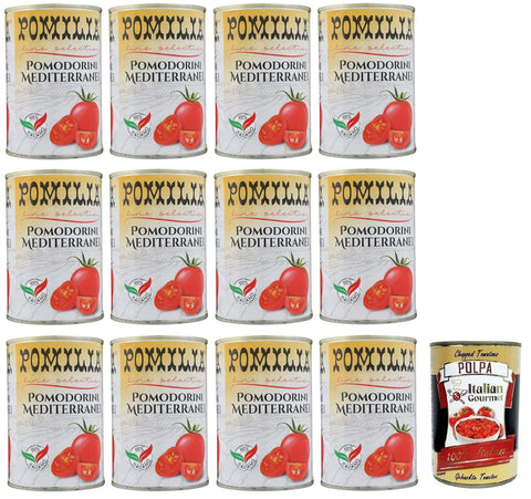 Pomilia Pomodorini Ciliegini Mediterranei, Mediterrane Kirschtomaten, 100% italienische Tomaten 12x400g Original italienisch Feinkost
