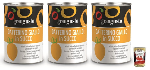 Italian Gourmet Gemüse 3x Grangusto Pomodoro Datterino Giallo in Succo,Ganze Ungeschälte Gelbe Datteltomaten in Tomatensaft,Italienische Tomate,400g Dose + Italian Gourmet Polpa di Pomodoro 400g Dose 8017995100488