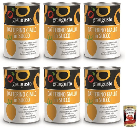 Italian Gourmet Gemüse 6x Grangusto Pomodoro Datterino Giallo in Succo,Ganze Ungeschälte Gelbe Datteltomaten in Tomatensaft,Italienische Tomate,400g Dose + Italian Gourmet Polpa di Pomodoro 400g Dose 8017995100488