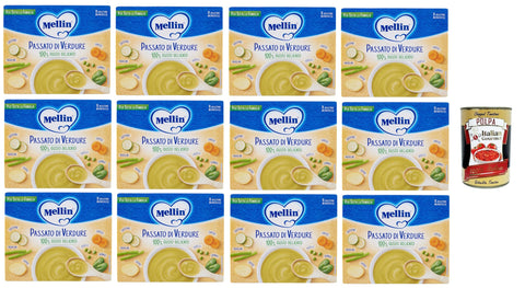 Italian Gourmet Gemüse MELLIN Passato di verdure, per tutta la famiglia Gemüsepüree, für die ganze Familie (8 Einzeldosisbeutel à 13 g) 12x104 g+ Italian Gourmet polpa 400g 8032804040014