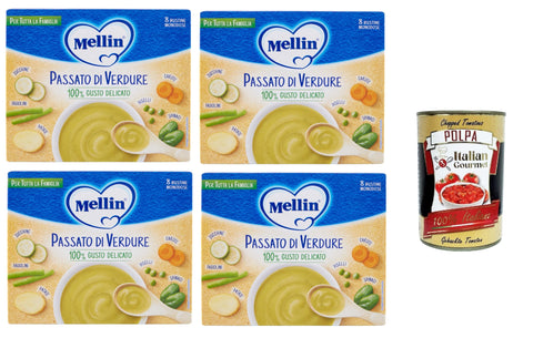 Italian Gourmet Gemüse MELLIN Passato di verdure, per tutta la famiglia Gemüsepüree, für die ganze Familie (8 Einzeldosisbeutel à 13 g) 4x104 g+ Italian Gourmet polpa 400g 8032804040014