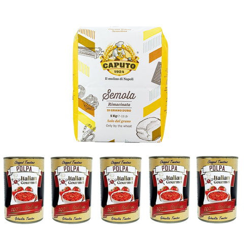 Caputo Testpaket Il Mulino di Napoli Semola rimacinata di Grano Duro Durum Weizengieß 5 kg und Italian Gourmet Polpa di pomodoro Fein gehacktes Tomatenmark 5x 400 g italienisch Original