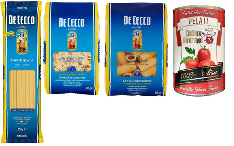 Italian Gourmet Gemüse TESTPAKET De Cecco Pasta 1x Rigatoni 1x Orecchiette 1x Bucatini ( 3 x 500g ) + 1x Italian Gourmet 100% italienische geschälte Tomaten dosen 400g 8022180032970