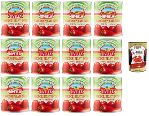 Italian Gourmet Geschmorte Tomaten Divella Pomodori Pelati Pflaumenschälende Tomaten, 100% italienisch 12 x 800 g + Italian Gourmet Polpa 400g 8032804040014