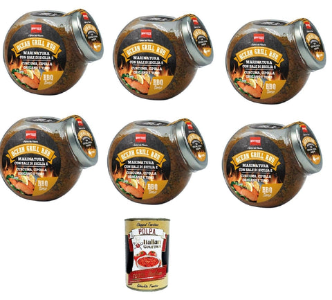 Montosco Ocean Grill Rub Mariniert mit sizilianischem Salz Kurkuma Zwiebeln Oregano und Thymian 6x155 g italienisch Original Pastasauce + gratis Polpa di