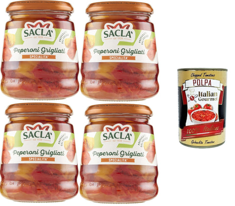 Italian Gourmet Gurken Saclà,Peperoni Grigliati, gegrillte Gurken, gegrillte Paprika, ideal für Vorspeisen, Beilagen und für Ihre Zubereitungen,4x290gr + Italian Gourmet polpa 400g 8032804040014