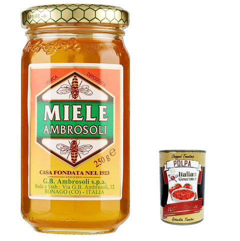 Italian Gourmet Honig 12x Ambrosoli - Miscela Di Miele Di Fiori MILLEFIORI, Millefiori Blumenhonig -Mischung 250 G + Italian Gourmet polpa 400g 8006450012114