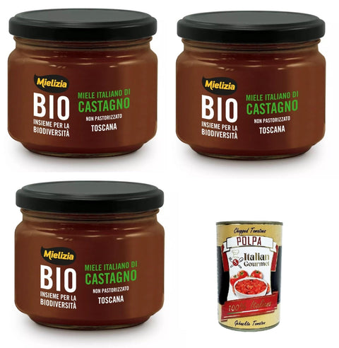 Mielizia Miele Italiano di Castagno Non pastorizzato Unpasteurisierter italienischer Kastanienhonig 3x300 g italienisch Original Pastasauce + gratis polpa 400 g