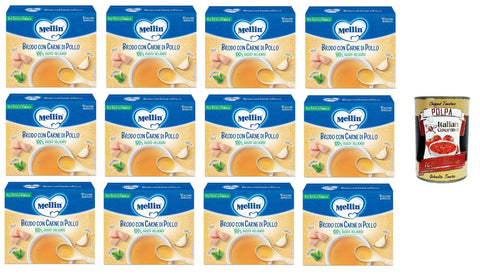Italian Gourmet Huhn Mellin Brodo con carne di pollo 100% Gusto Delicato, per tutta la famiglia Brühe mit Hühnerfleisch 100% delikater Geschmack, für die ganze Familie 12x50gr + Italian Gourmet polpa 400g 8032804040014
