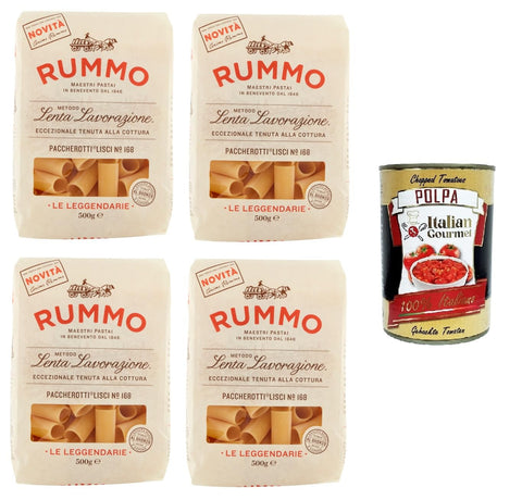 Italian Gourmet Instant-Pasta Rummo Paccherotti N°168 Le Leggendarie Pasta Lenta Lavorazione Teigwaren aus Hartweizengrieß Bronze-Zeichnung 4x 500gr + Italian Gourmet polpa 400g 8032804040014