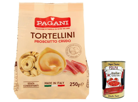 Italian Gourmet Internationale Nudeln 12x Pagani Pasta all' Uovo Tortellini con Prosciutto Crudo, Eiernudeln mit Parma ham, Pasta mit Ei 250g + Italian Gourmet polpa 400g 8032804040014