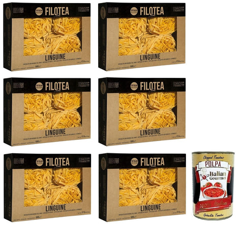 Italian Gourmet Internationale Nudeln 6x Filotea Linguine Pasta all'Uovo,Eierlinguine,Eiernudeln aus italienischen Rohstoffen,Packung mit 500g + Italian Gourmet Polpa di Pomodoro 400g Dose 8032993000752