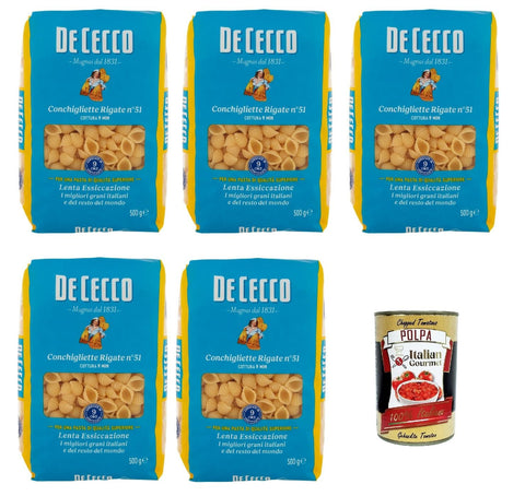 Italian Gourmet Internationale Nudeln De Cecco Conchigliette Rigate N°51, 100% Italienisch Pasta Nudeln 5x 500g + Italian Gourmet Polpa 400g 8032804040014