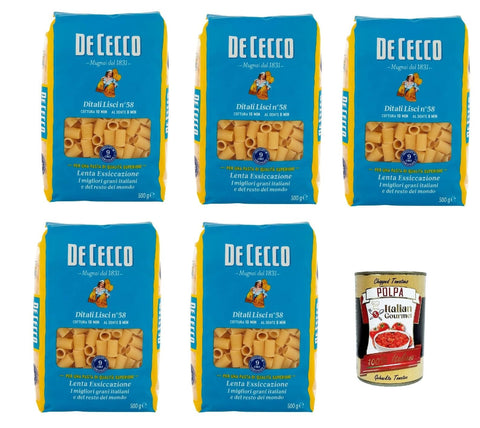 Italian Gourmet Internationale Nudeln De Cecco Ditali Lisci N°58, 100% Italienisch Pasta Nudeln 5x 500g + Italian Gourmet Polpa 400g 8032804040014