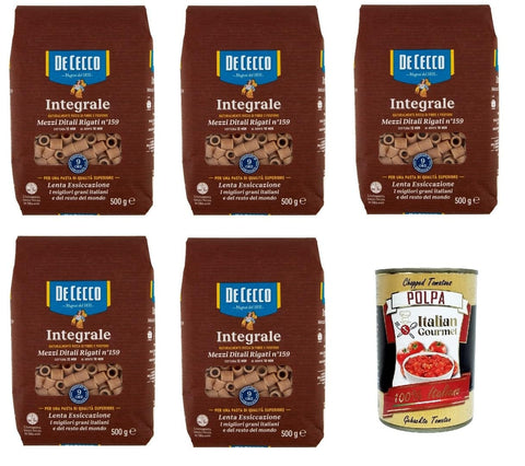 Italian Gourmet Internationale Nudeln De Cecco Integrale Mezzi Ditali Rigati N° 159, Pasta integrale, Vollkornnudeln, 5x 500g + Italian Gourmet polpa 400g 8032804040014
