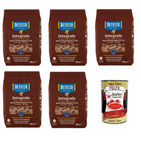 De Cecco Integrale Mezzi Ditali Rigati N° 159, Pasta integrale, Vollkornnudeln, 5x 500 g Internationale Nudeln italienisch Original