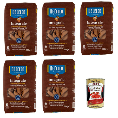 Italian Gourmet Internationale Nudeln De Cecco Integrale Pennoni rigati N° 39, Pasta integrale, Vollkornnudeln, 5x 500g + Italian Gourmet polpa 400g 8032804040014