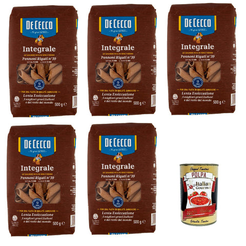 De Cecco Integrale Pennoni rigati N° 39, Pasta integrale, Vollkornnudeln, 5x 500 g Internationale Nudeln italienisch Original
