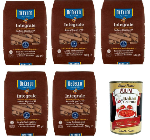 Italian Gourmet Internationale Nudeln De Cecco Integrale Sedani rigati N° 57, Pasta integrale, Vollkornnudeln, 5x 500g + Italian Gourmet polpa 400g 8032804040014