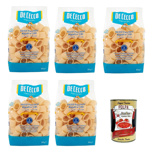 Italian Gourmet Internationale Nudeln De Cecco Le Specialità Mezzi Paccheri Rigati N°230, 100% Italienisch Pasta Nudeln 5x 500g + Italian Gourmet Polpa 400g 8032804040014