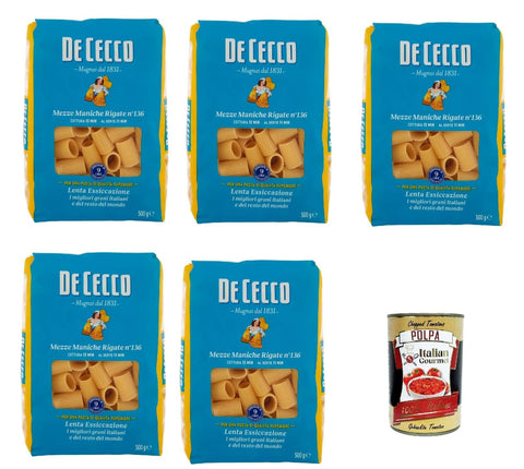 Italian Gourmet Internationale Nudeln De Cecco Mezze Maniche Rigate N°136 100% Italienisch Pasta Nudeln 5x 500g + Italian Gourmet Polpa 400g 8032804040014