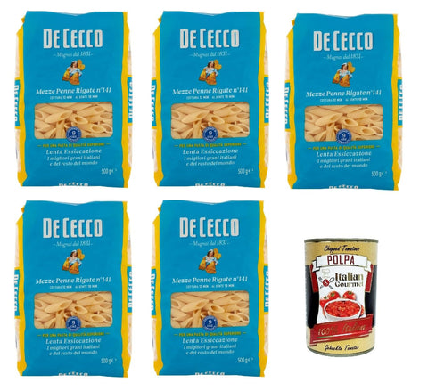 Italian Gourmet Internationale Nudeln De Cecco Mezze Penne rigate N°141 100% Italienisch Pasta Nudeln 5x 500g + Italian Gourmet Polpa 400g 8032804040014