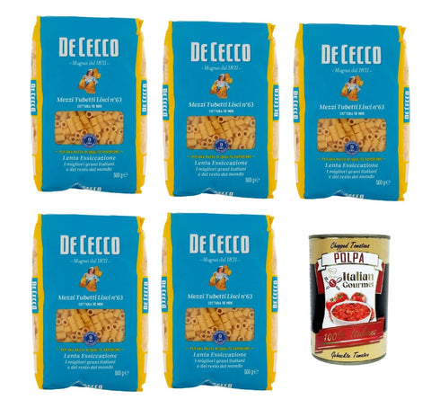Italian Gourmet Internationale Nudeln De Cecco Mezzi Tubetti Lisci N°63, 100% Italienisch Pasta Nudeln 5x 500g + Italian Gourmet Polpa 400g 8032804040014