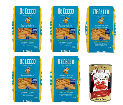 Italian Gourmet Internationale Nudeln De Cecco Pennoni Lisci N°38, 100% Italienisch Pasta Nudeln 5x 500g + Italian Gourmet Polpa 400g 8032804040014
